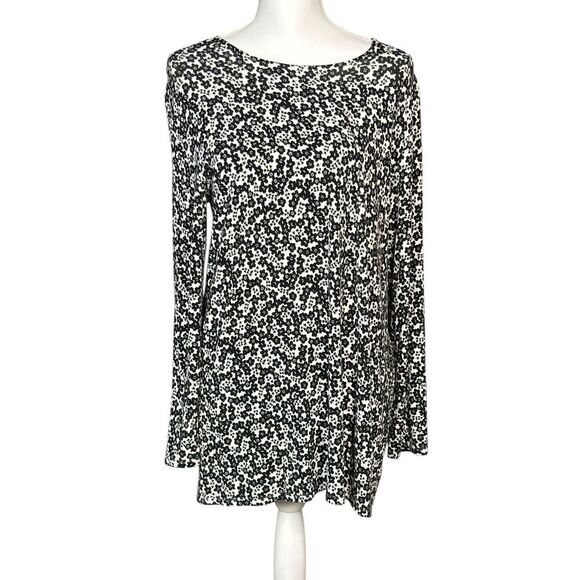 J Jill Top Wearever Size Large Black Floral Tie Back Long Sleeve Stretch Boxy - Picture 1 of 10
